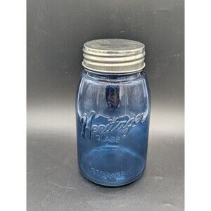 Heritage Glass Cobalt Blue Storage Jar Canister Silver Metal Lid Mason Style